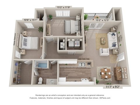 Floor plan for 2 beds, 1 bath, 977 sqft